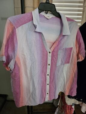 Terra & Sky Pink Lavender Peach Striped Button Front Blouse - 2X
